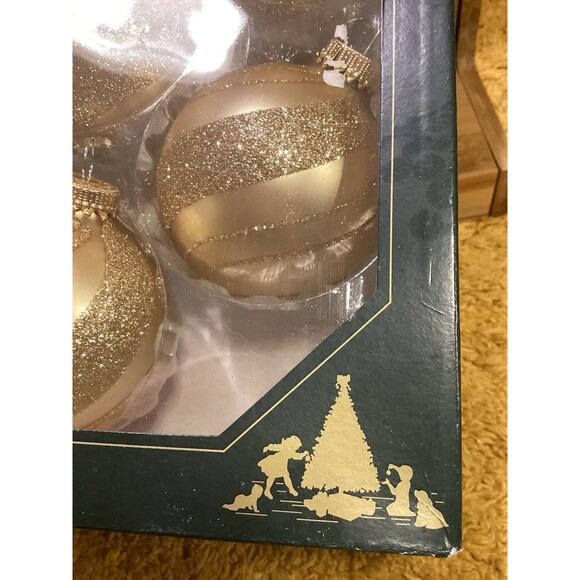 Krebs Christmas Glass Bulb Ornaments 4 Harvest Gold Balls Glitter Swirls Boxed - Picture 4 of 10